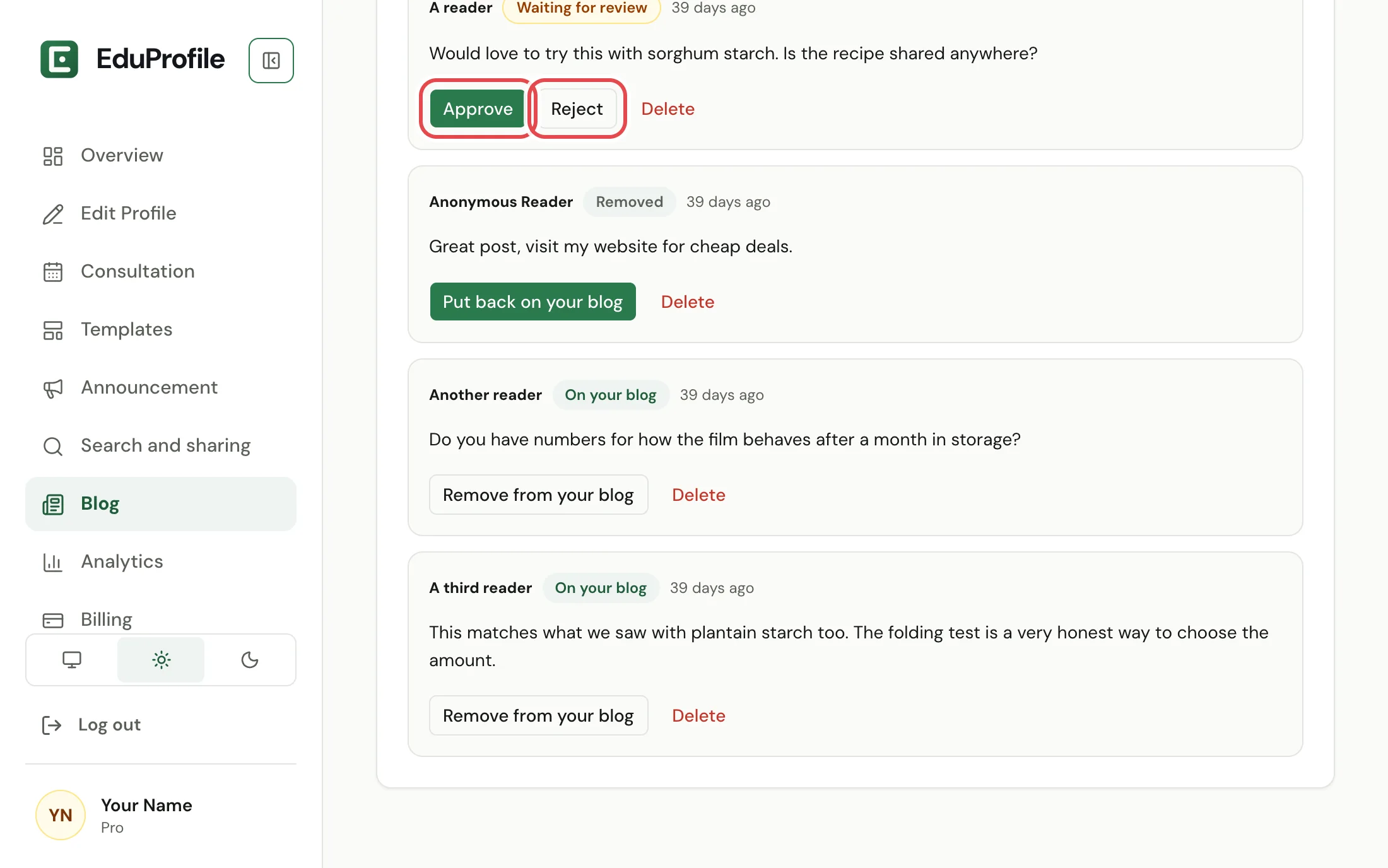The comments under a post, showing the Approve and Reject buttons on a comment that is waiting for review.