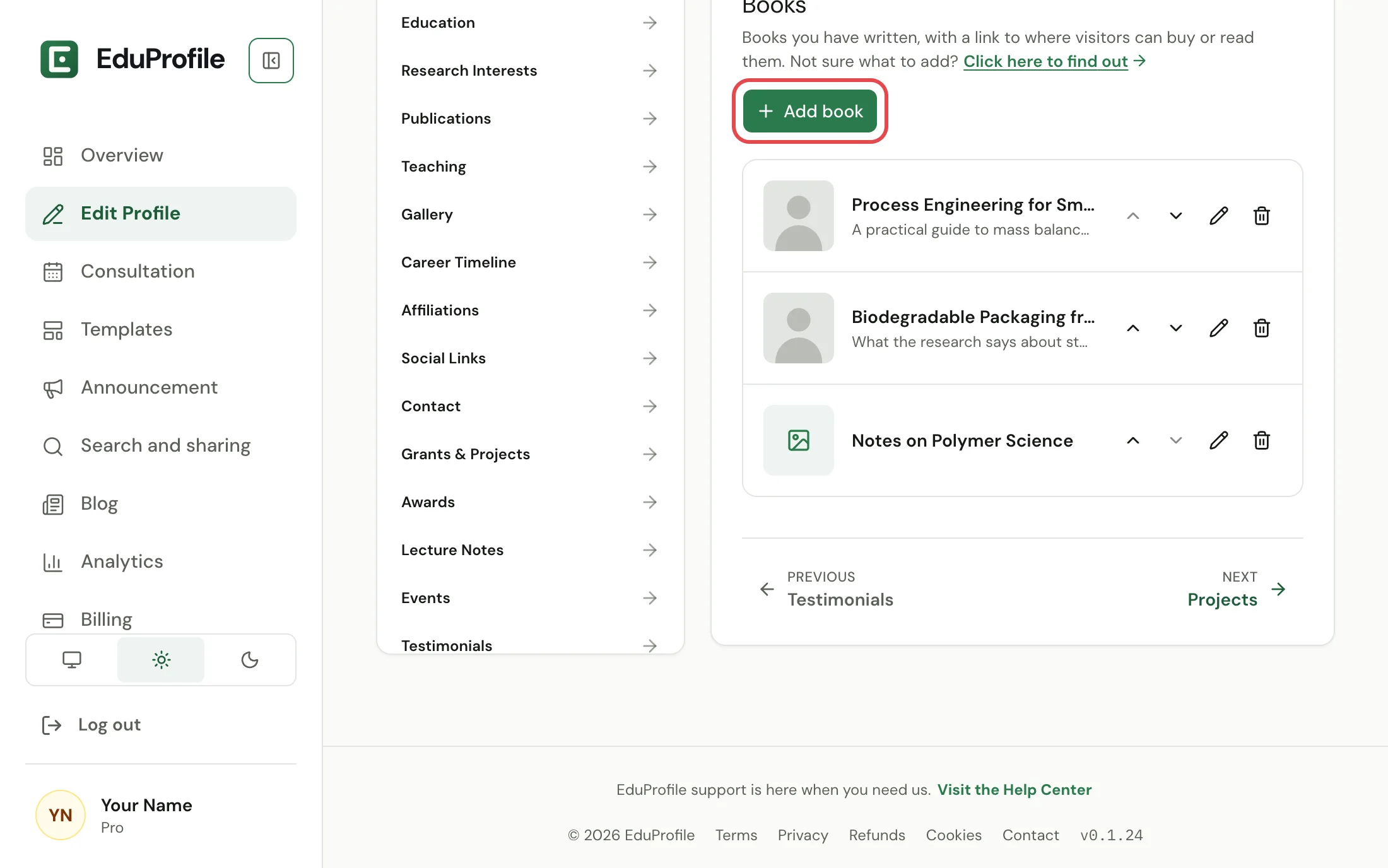 The Books section of Edit Profile, with the Add book button circled.