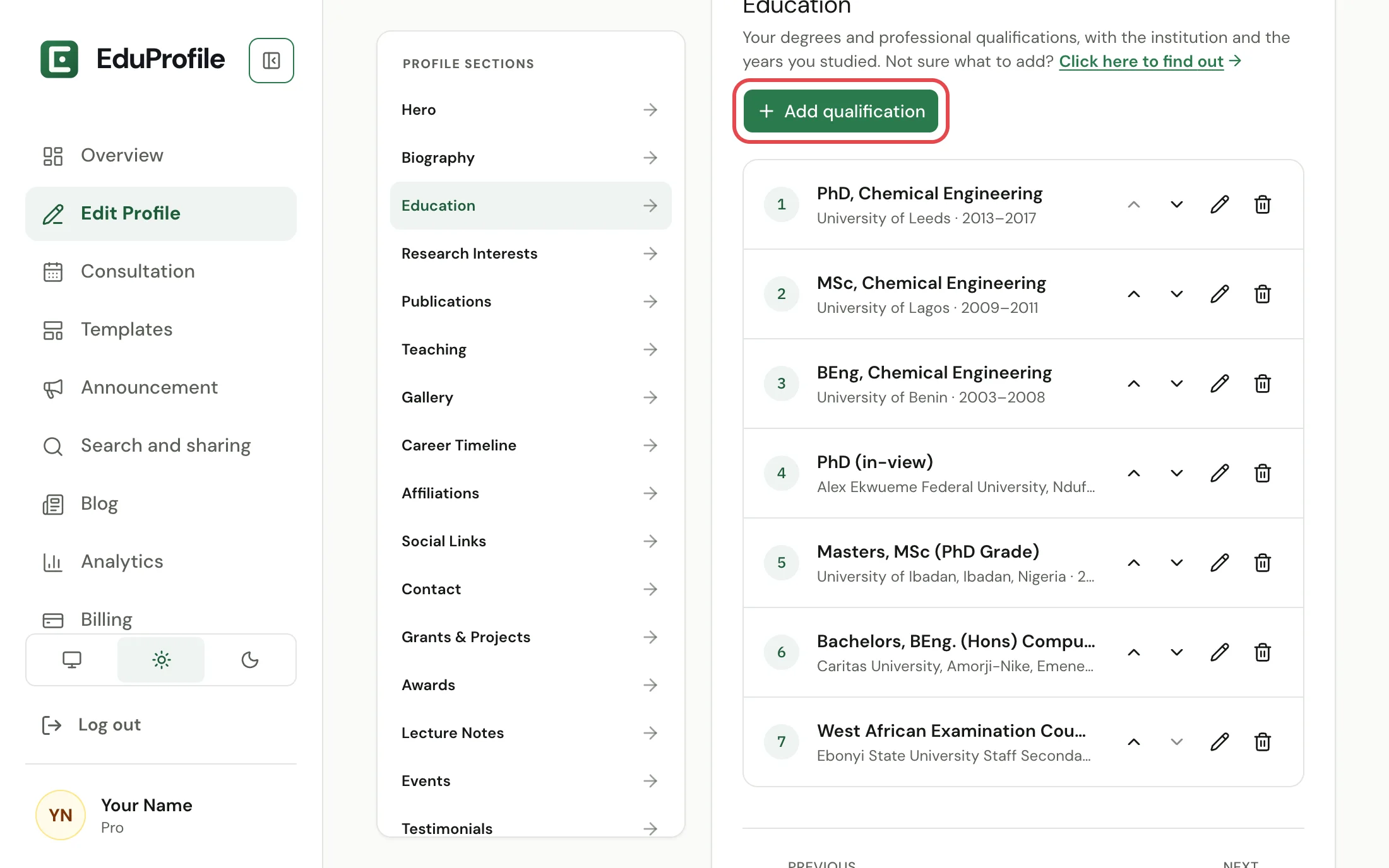 The Education section of Edit Profile, with the Add qualification button circled.