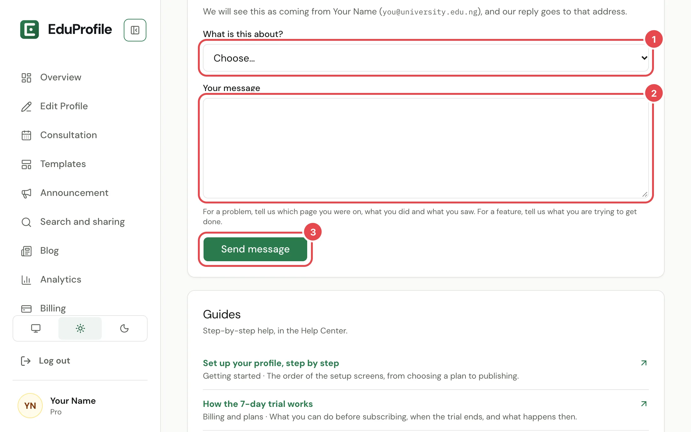 The Help page with the topic box, the message box and the Send message button marked.