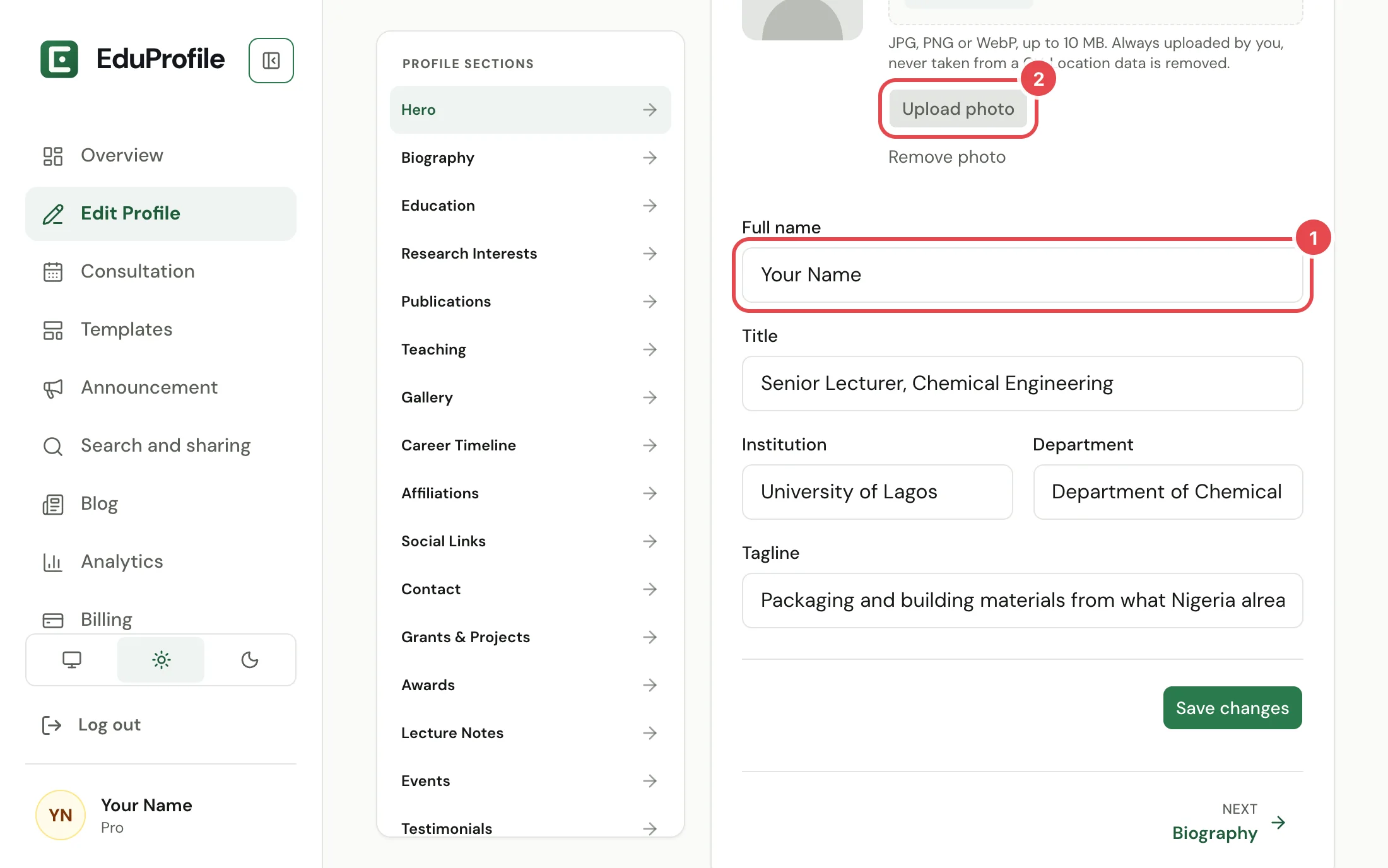 The Hero section of Edit Profile, with the full name box and the Upload photo button marked.