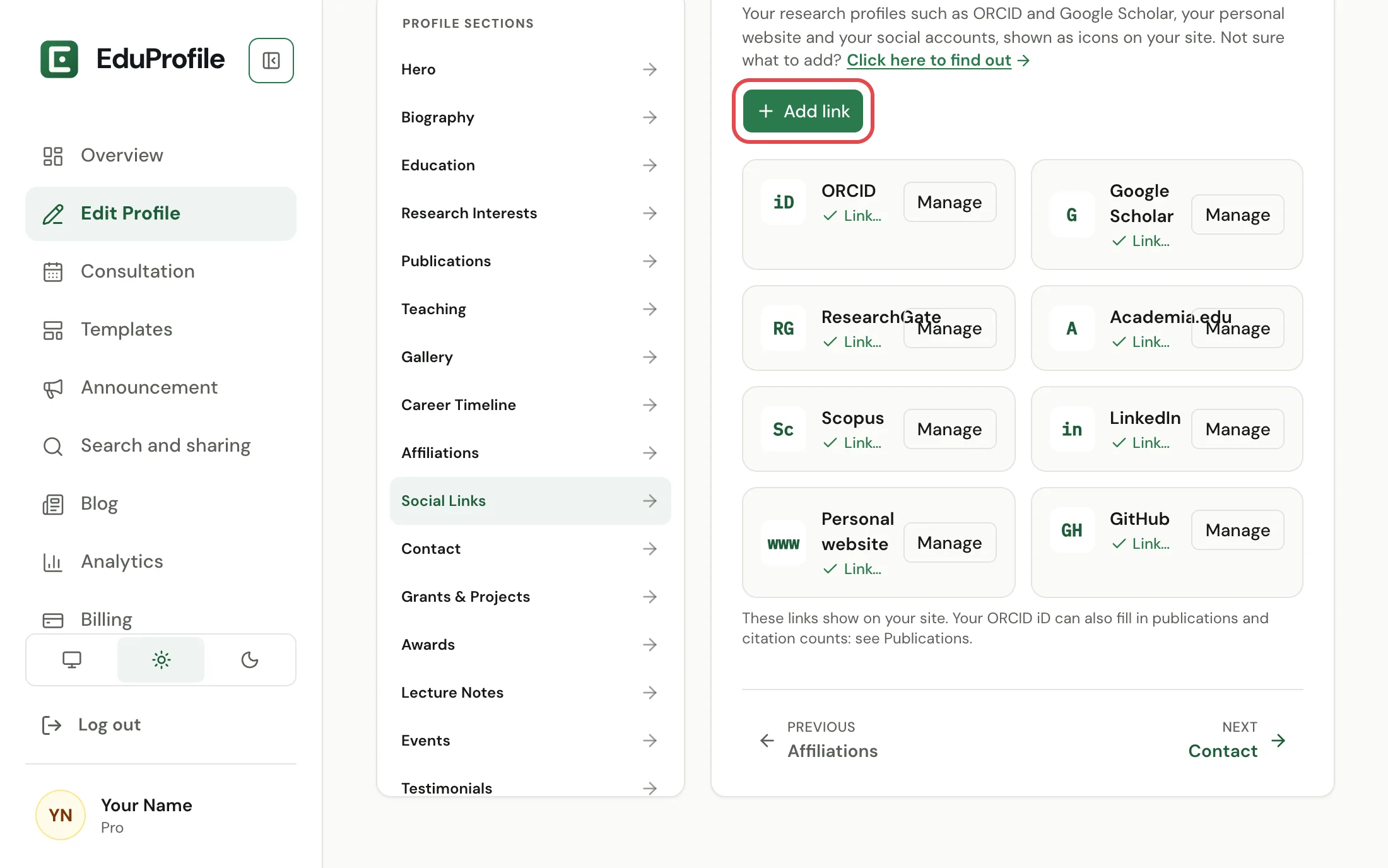 The Social Links section of Edit Profile, with the Add link button circled.