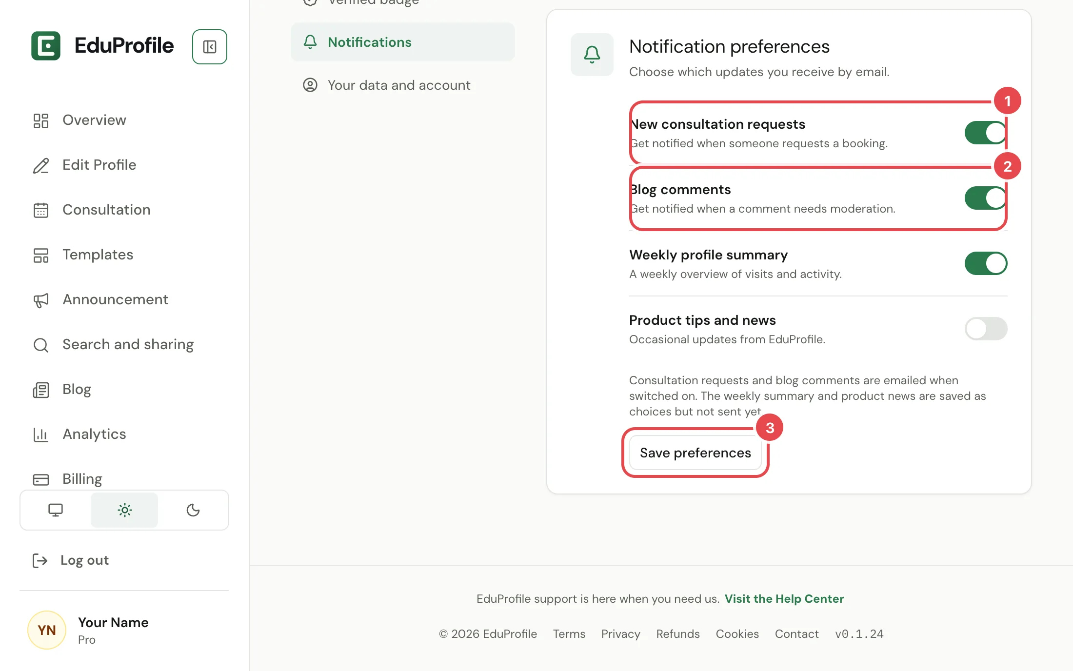 The Notifications page, with the New consultation requests and Blog comments switches circled, and the Save preferences button.