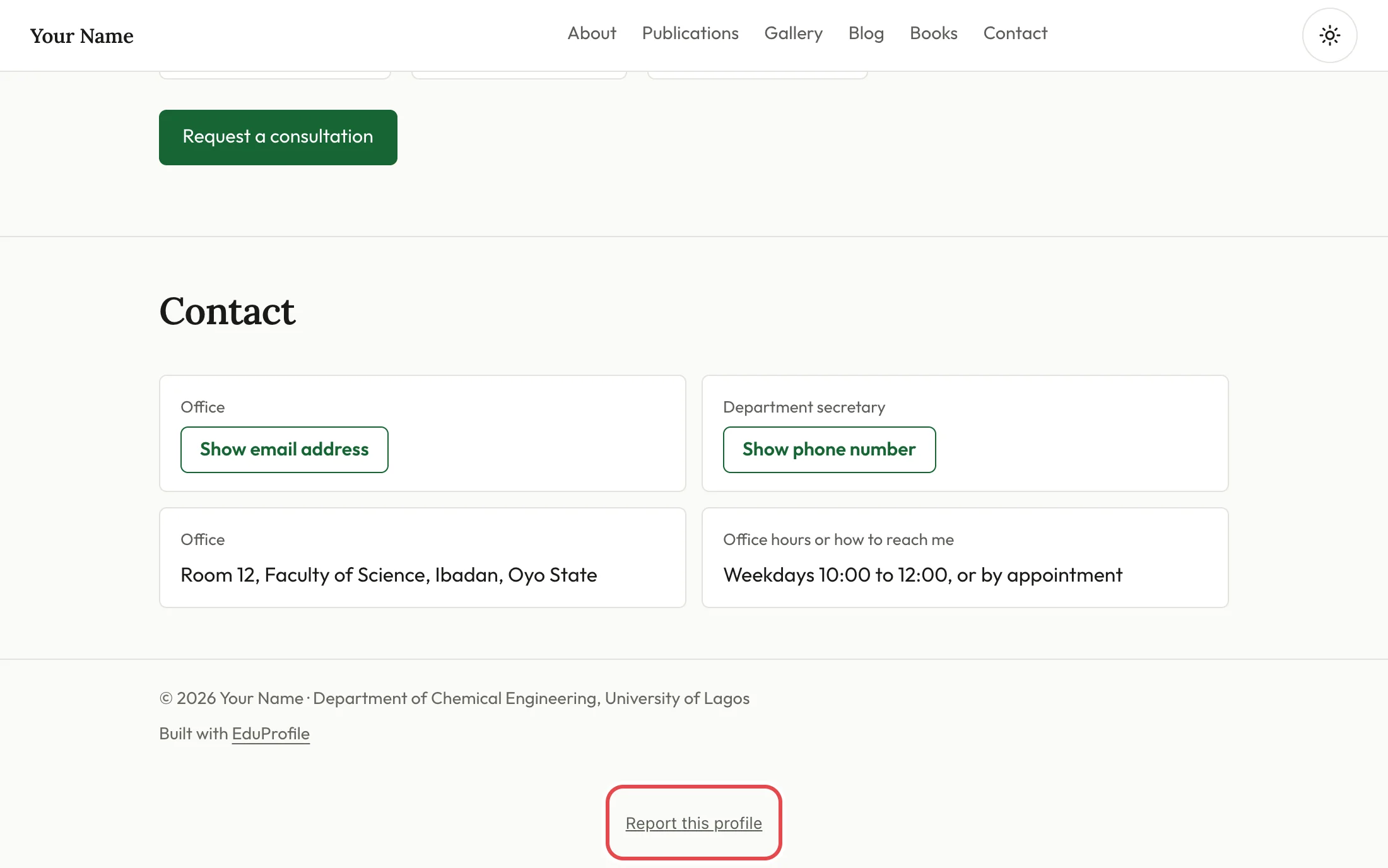 The bottom of a profile page, with the Report this profile link circled.