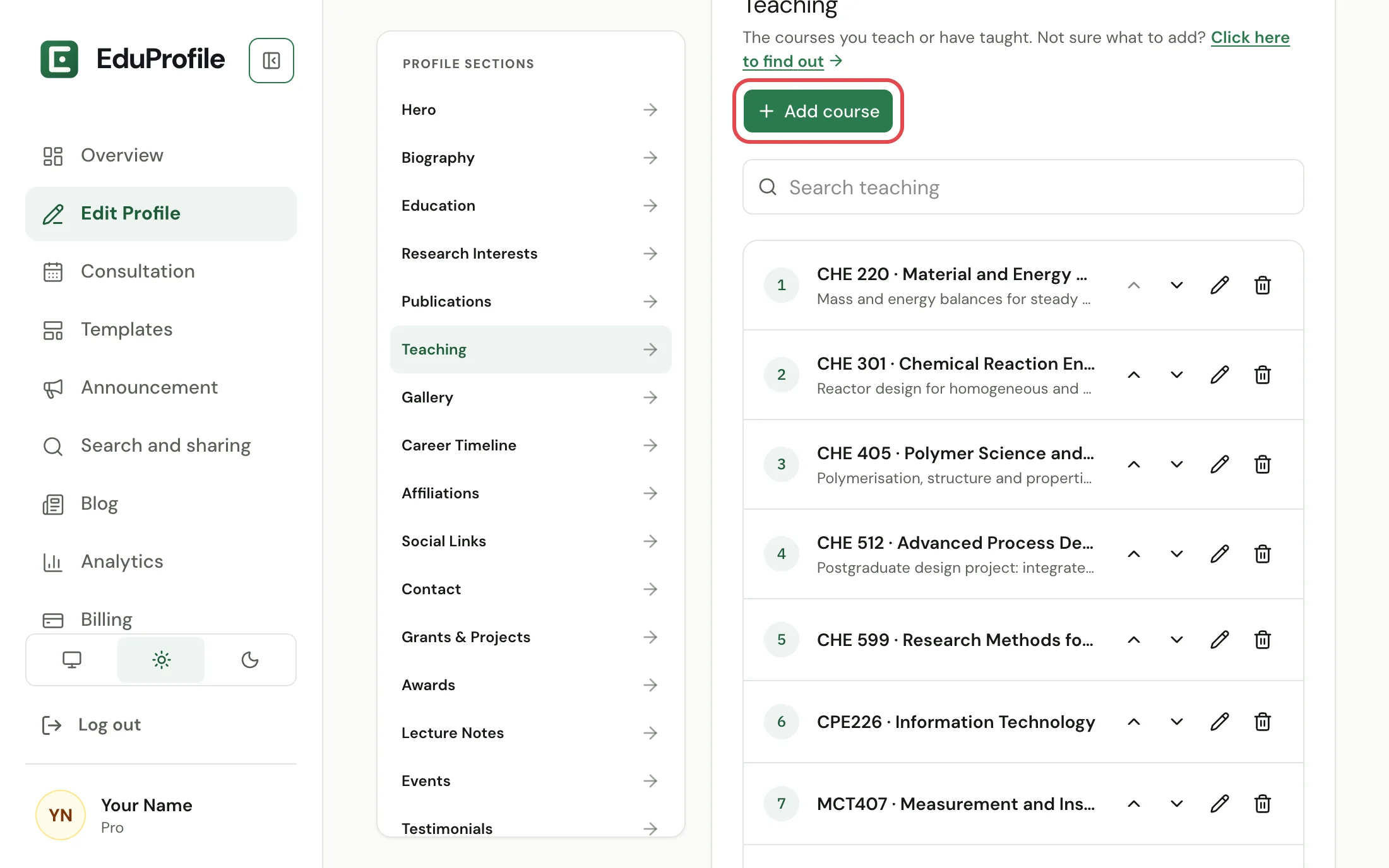 The Teaching section of Edit Profile, with the Add course button circled.