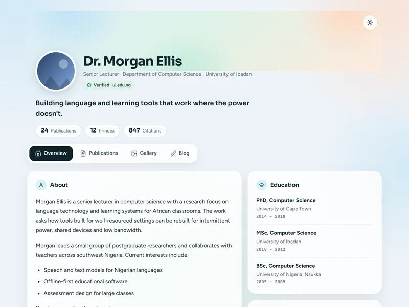 Mist template, shown with sample content