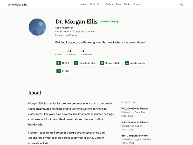 Scholar template, shown with sample content